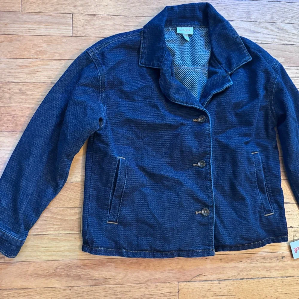 Cat & Jack Girls Dark Wash Denim Chore Jacket XL 14 Textured Chevron Indigo NWT